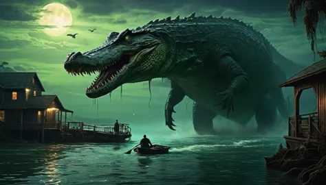 a picture, taken from a boathouse with a giant crocodile, that comes out of the water, Lovecraftian atmosphere, Cthulhu rises fr...