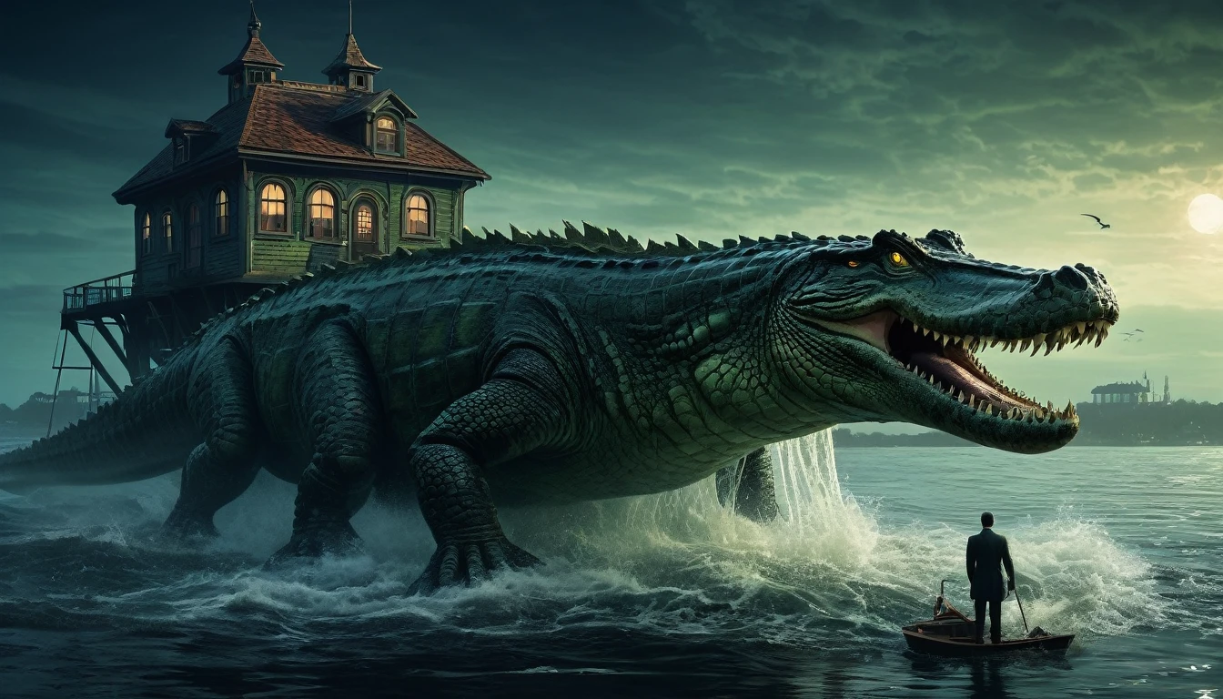 a picture, taken from a boathouse with a giant crocodile, that comes out of the water, Lovecraftian atmosphere, Cthulhu rises from the ocean, Lovecraftian background, Lovecraftian landscape, inspired by Lovecraft, inspired by H.p. Lovecraft, where Lovecraftian horrors roam, lovecraftian horror!, Lovecraft-Horror, lovecraftian horror, lovecraftian horror!!