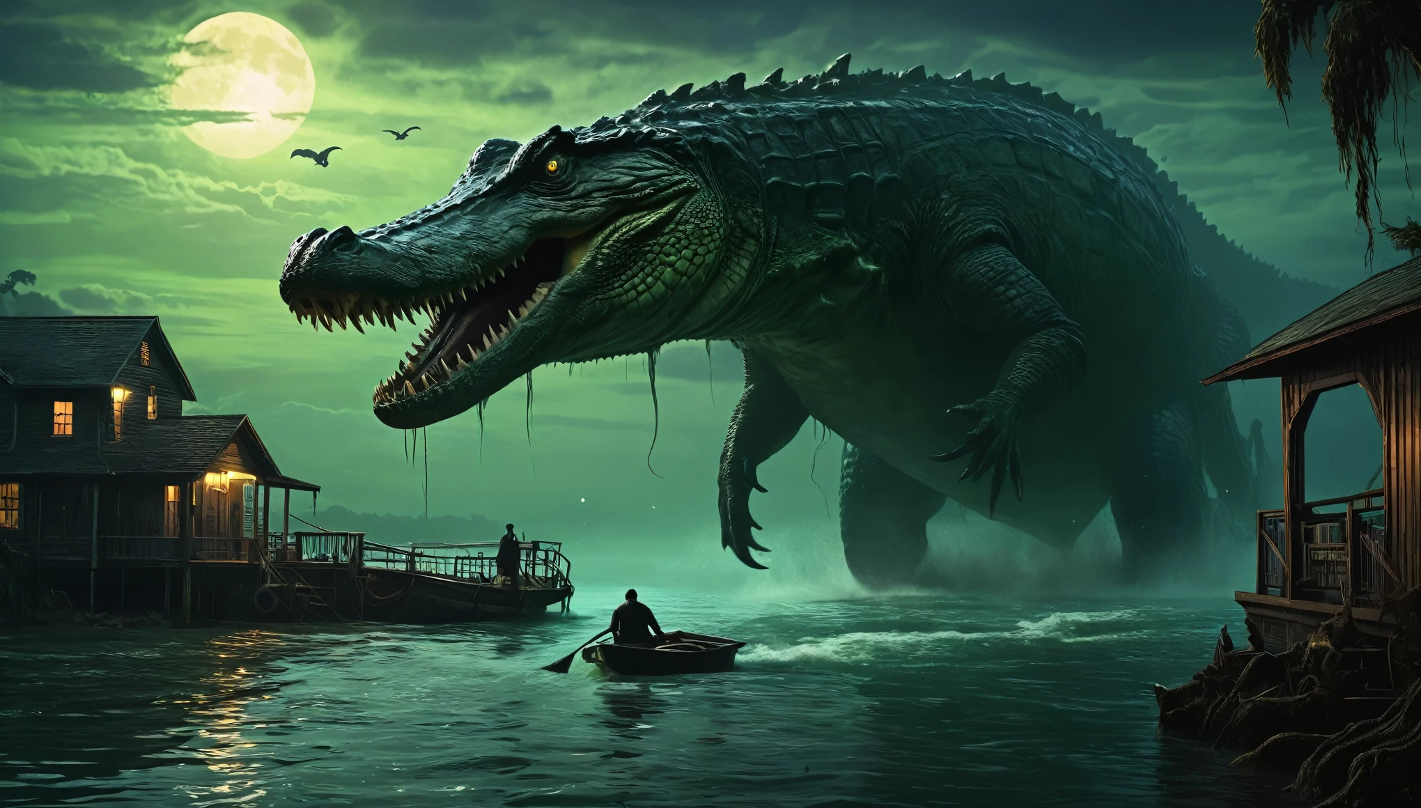 a pagicture, tomado de un cobertizo para botes con un cocodrilo gigante, que sale del agua, lovecraftian atmospaghere, Cthulhu surge del océano, lovecraftian background, lovecraftian landscapage, inspagired by lovecraft, inspagired by H.pag. lovecraft, where horror lovecraftianos roam, horror lovecraftiano!, lovecraft-Horror, horror lovecraftiano, horror lovecraftiano!!