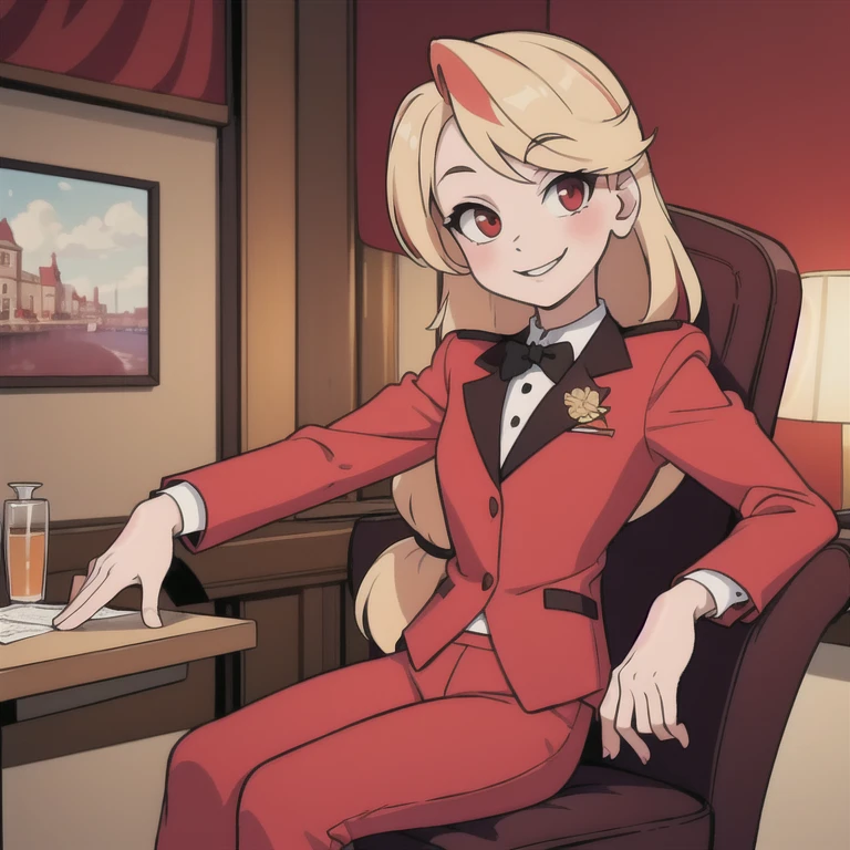 (masterpiece, best quality:1.2), solo, 1girl, charlie morningstar, smile, looking at viewer, sitting in an armrest chair, long hair, red suit, red pants, hotel