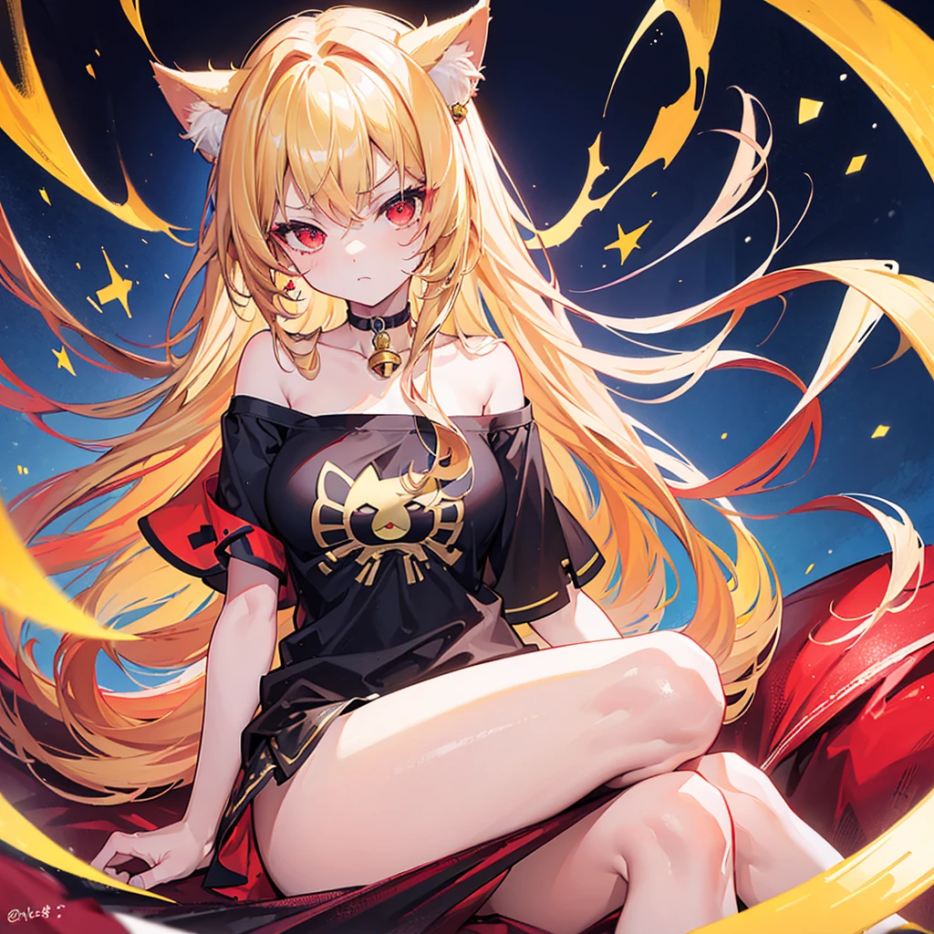 (masterpiece, Best Quality:1.2), best quality, high quality, ultra detailed, masterpiece, 1girl, red eyes, long fluffy blonde hair, cat ears, smug, looking at viewer, off-the-shoulder t-shirt, choker with a bell.