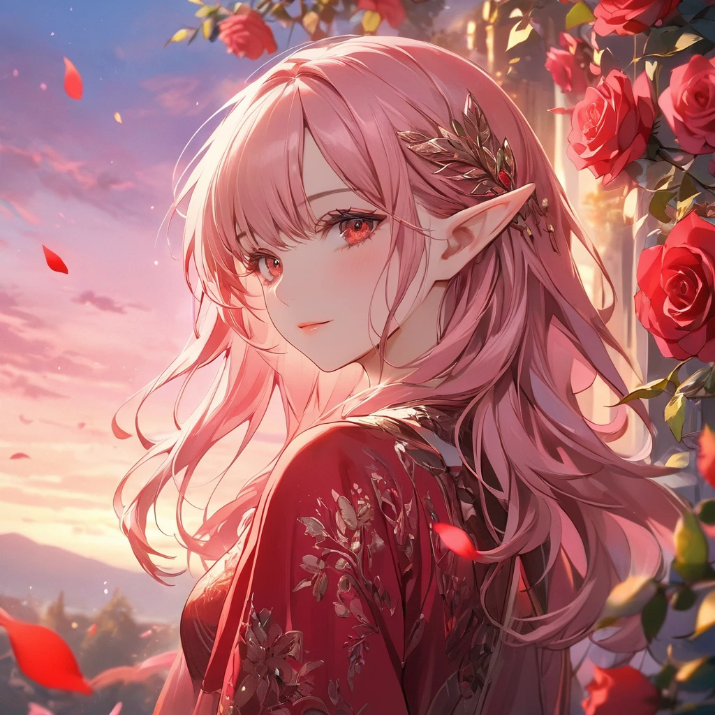 (chef-d&#39;œuvre:1.2),(1 fille),elfe,jolie robe rouge,Beaux yeux rouges détaillés,Dans la beauté fantastique du coucher de soleil rose, D&#39;innombrables roses rouges éclatantes fleurissent, cheveux blonds roses, Une douce lumière se répand sur les environs tranquilles, Les pétales délicats se fondent dans des motifs complexes,L&#39;arrière-plan est doux et flou,Ajoutez un élément dramatique et symbolique à votre scène, Les pétales sont doux, couleurs et ambiance magiques,Regard oblique