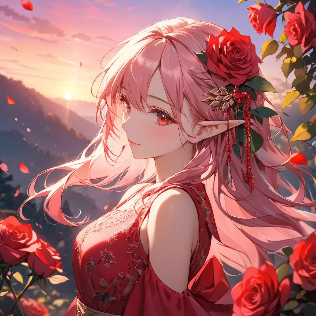 (chef-d&#39;œuvre:1.2),(1 fille),elfe,jolie robe rouge,Beaux yeux rouges détaillés,Dans la beauté fantastique du coucher de soleil rose, D&#39;innombrables roses rouges éclatantes fleurissent, cheveux blonds roses, Une douce lumière se répand sur les environs tranquilles, Les pétales délicats se fondent dans des motifs complexes,L&#39;arrière-plan est doux et flou,Ajoutez un élément dramatique et symbolique à votre scène, Les pétales sont doux, couleurs et ambiance magiques,Regard oblique