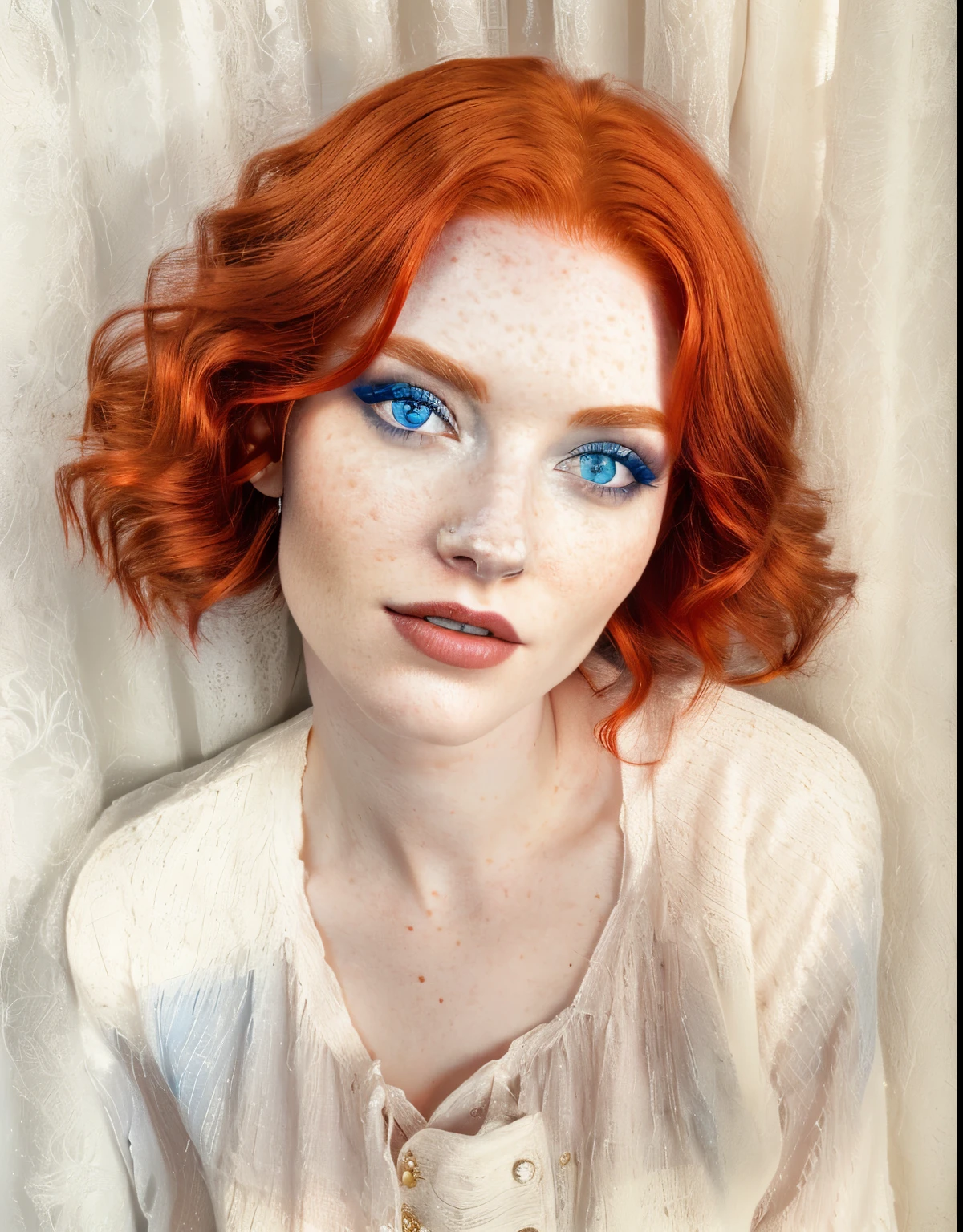  a woman with red hair and blue eyes