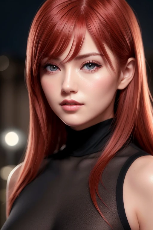 One girl, Star Eye, blush, Perfect lighting, Redhead, Red eyes, Unreal Engine, Side light, Detailed face, bangs, Light Skin, Simple Background, Night Background,