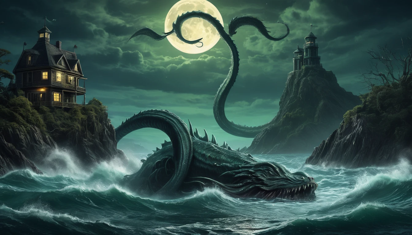 a picture, taken from a boathouse with a giant sea serpent, that comes out of the water, Lovecraftian atmosphere, Cthulhu rises from the ocean, the moon, Lovecraftian background, Lovecraftian landscape, inspired by Lovecraft, inspired by H.p. Lovecraft, where Lovecraftian horrors roam, lovecraftian horror!, Lovecraft-Horror, lovecraftian horror, lovecraftian horror!! two headed sea monster