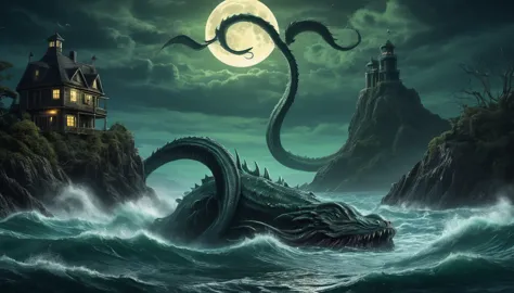 a picture, taken from a boathouse with a giant sea serpent, that comes out of the water, Lovecraftian atmosphere, Cthulhu rises ...