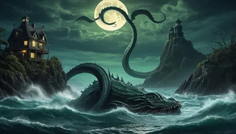 a picture, taken from a boathouse with a giant sea serpent, that comes out of the water, lovecraftian atmosphere, cthulhu rises ...