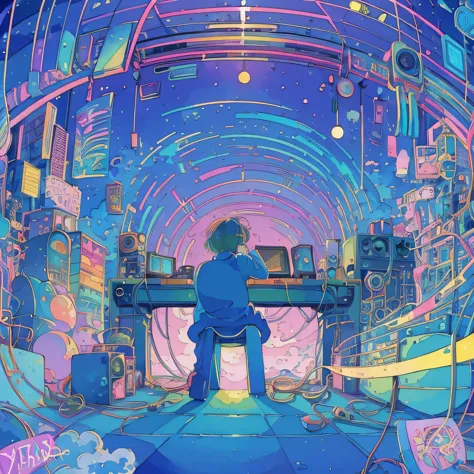 (zero), highest quality,pixiv, fairytale style, track maker, room, speaker, colorful, music production, boy working on computer,...