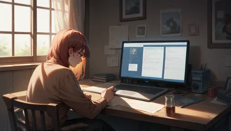 a girl in lofi style at a table with a computer facing a window studying, it&#39;s raining, it&#39;s 5 o&#39;clock in the mornin...