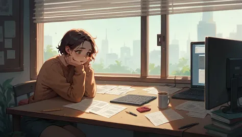 a girl in lofi style at a table with a computer facing a window studying, it&#39;s raining, it&#39;s 5 o&#39;clock in the mornin...