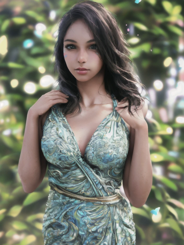 a beautiful young girl in a lush garden, detailed face, long eyelashes, beautiful lips, intricate floral dress, flowing hair, serene expression, sunlight and butterflies, (best quality,8k,highres,masterpiece:1.2),ultra-detailed,(realistic,photorealistic,photo-realistic:1.37),vibrant colors,soft lighting,cinematic composition,intricate details,oil painting