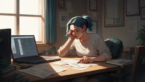 a girl in lofi style at a table with a computer facing a window studying, it&#39;s raining, it&#39;s 5 o&#39;clock in the mornin...