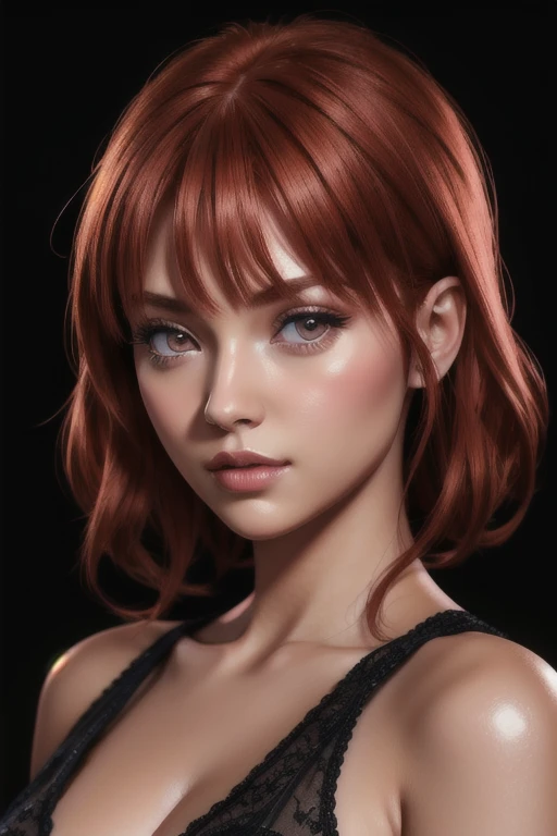 One girl, Star Eye, blush, Perfect lighting, Redhead, Red eyes, Unreal Engine, Side light, Detailed face, bangs, Light Skin, Simple Background, Night Background,