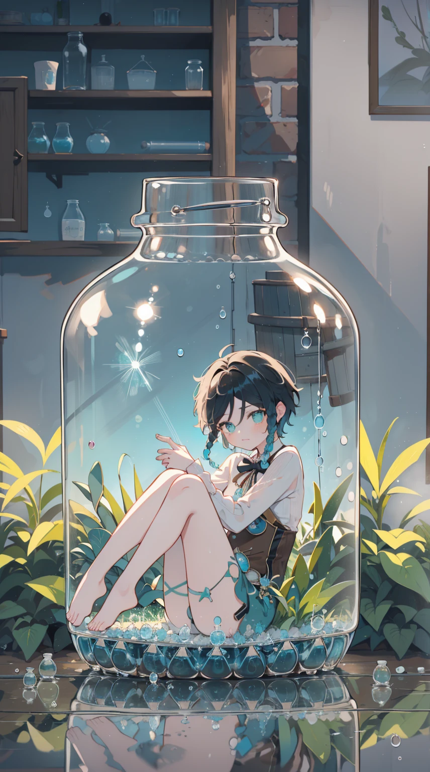 （（（（（（inside jar））））））、a boy, ((Full Body Lesbian)), wendy (Genshin Impact),Brunette color hair, Green Eyes, ((((bottling))))、Adorable、最small, small, One,(((bottling))), (water, water泡)