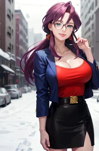 masterpiece, best quality,  animelorelei, purple hair, blue eyes, hair between eyes, glasses, blue jacket, red shirt, cleavage, ...