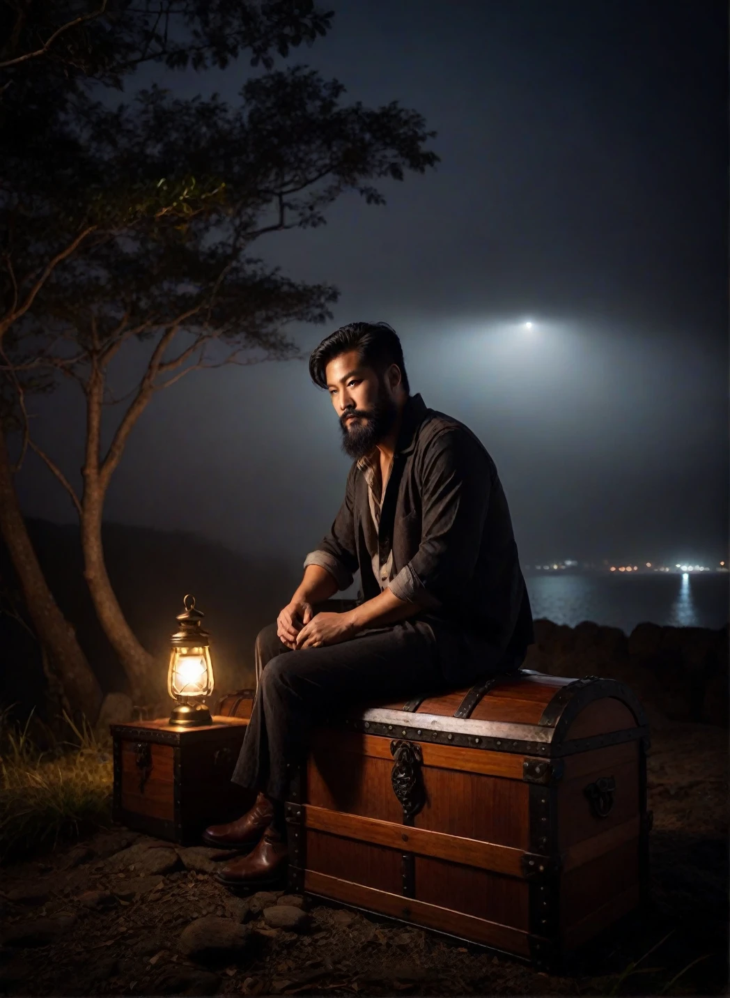 老海賊のphotograph, beard, fog, Dark atmosphere, night, close, Sitting on top of a treasure chest, (Highest quality, 4K, masterpiece, Amazing details:1.1), Film Grain, Fujifilm XT3, photograph,