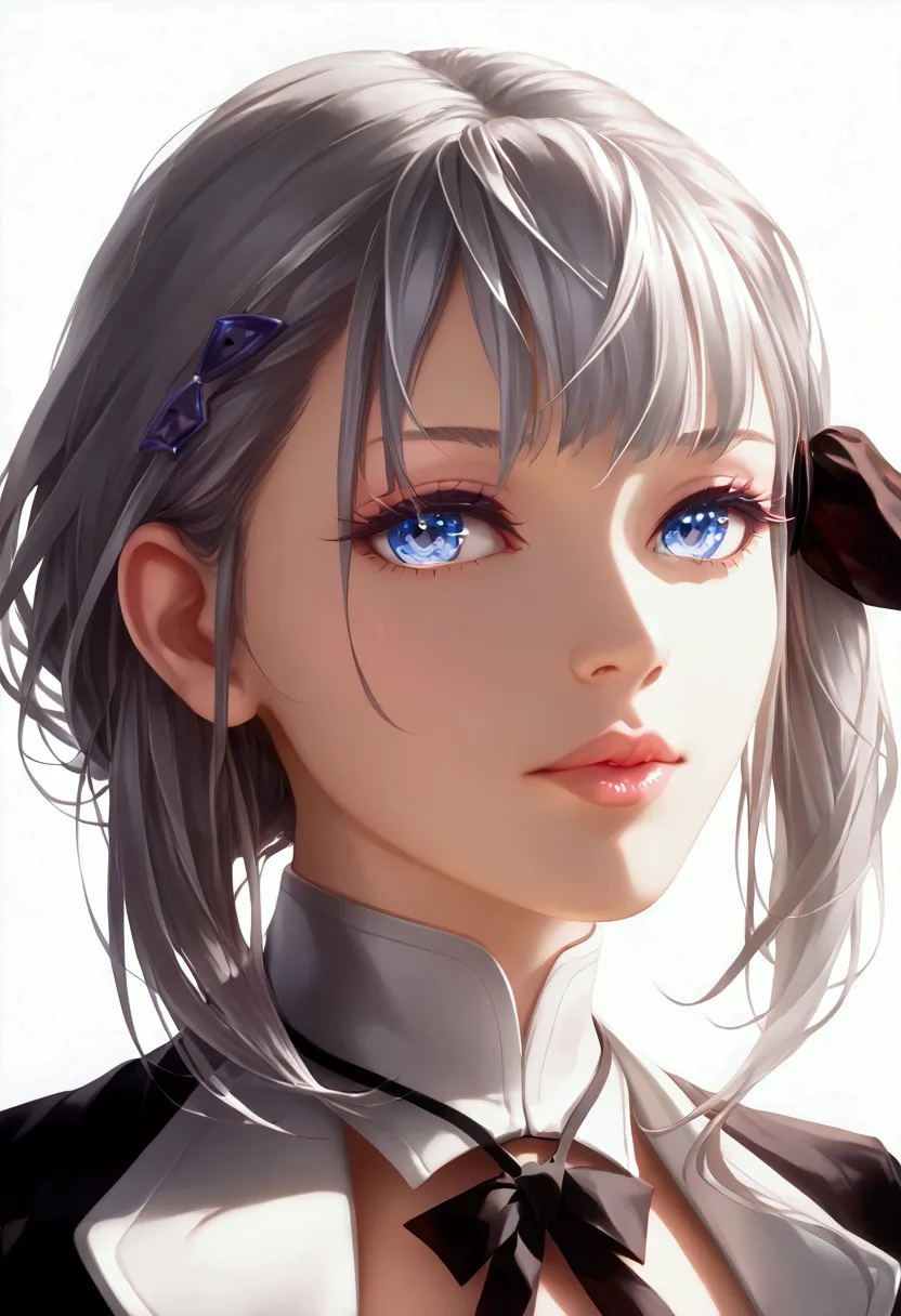 a woman with long grey hair tied in a neck, anime style, 2.5d art, beautiful detailed eyes, beautiful detailed lips, extremely d...