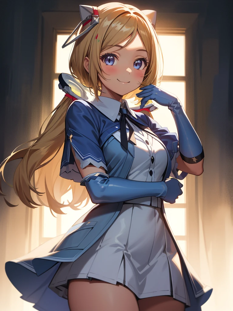 best quality, masterpiece, 1 girl, (silhouette lighting:1.2), (cowboy shot:1.3), smiling, aki rosenthal, detached hair, long hair, low twintails, headgear, collared dress, short dress, blue jacket, short sleeves, white gloves, elbow gloves, (skirtlift:1.2), 