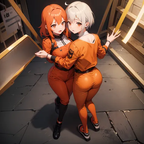 anime illustration of two girls in a prison cell who are dressed in orange prisoner jumpsuits, they are both hugging each other ...