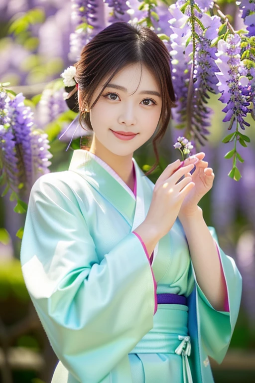 Photo-realistic quality、araffe woman in a kimono dress holding a flower in her hand,Wisteria flower、in kimono, wearing royal kimono, kimono, in a kimono, wearing kimono, wearing a kimono,  japanese kimono, Beautiful Japanese,  pale and coloured kimono, looking at the camera、Detailed and beautiful eyes、Cute smile、A soft and gentle look