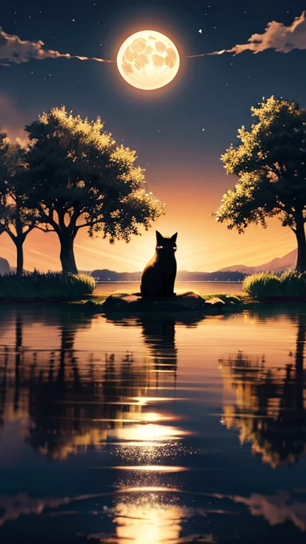 Black cat shadow on a moonlit lake, shimmering water reflections, fairy lights in trees