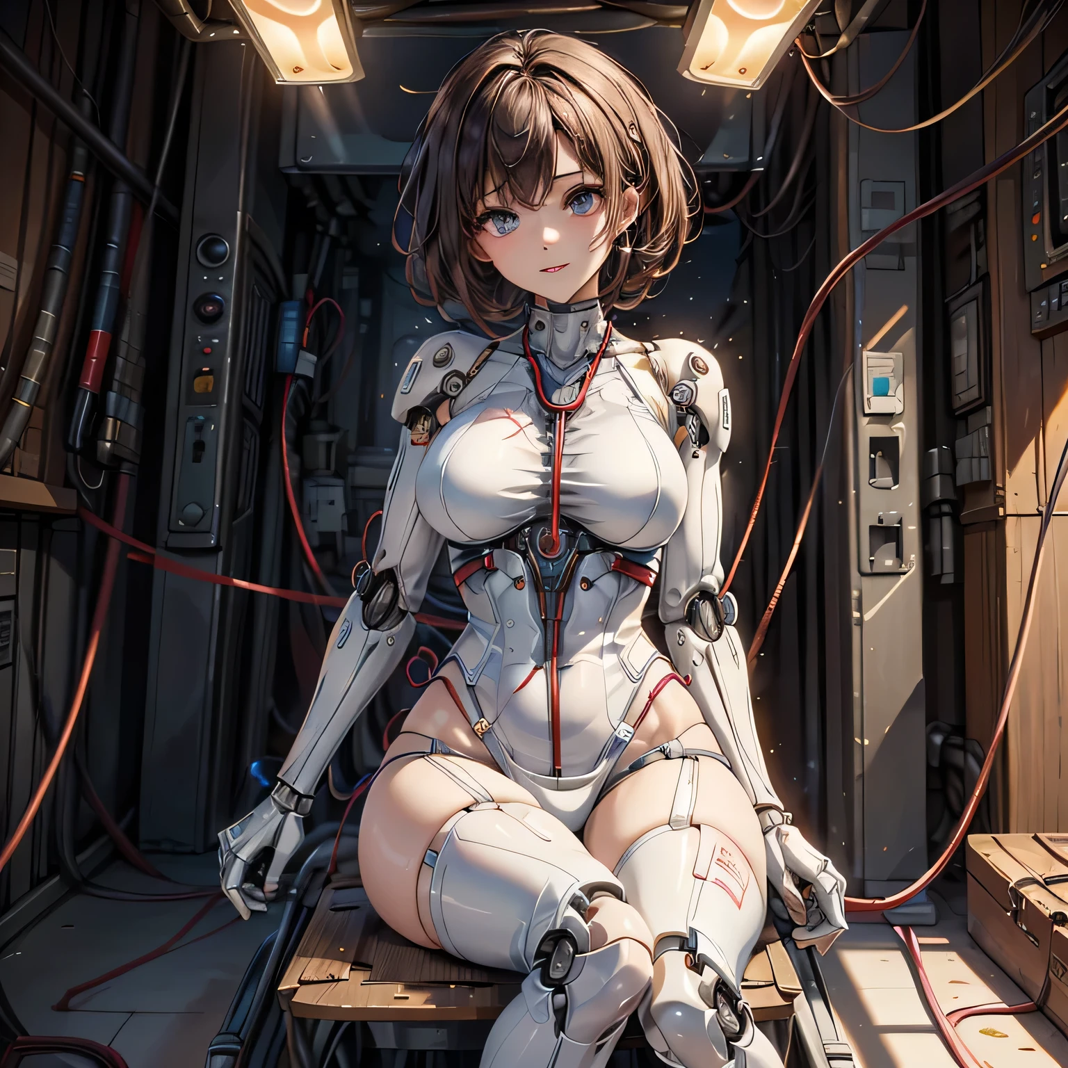 (((masterpiece))), (((Highest quality))), ((Very detailedな)), (Detailed CG illustrations), ((Very delicate and beautiful)),Cinematic Light,((One mechanical woman)), alone,mature,Big and ample breasts,Plump, whole body, (Machine made joints:1.4),((Mechanically cut muscle blood vessels connected to tubes),(Brain in a container:1.3),((Mechanical spine attached to the back)),((Mechanical cervical spine attached to the neck)),,(((The crotch is open))),((Sitting)),(Wires and cables connected to the head and torso:1.5), short hair, (Character Focus), sf, ((Very detailed,colorful)), Best details, ((background: basement))