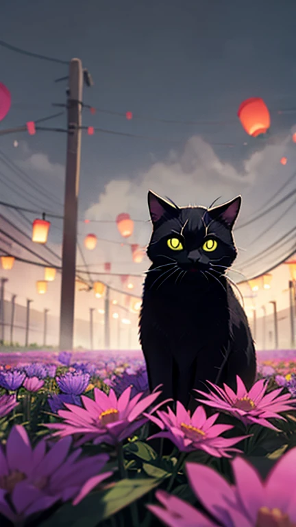 Shadowy cat figure in a field of glowing flowers, floating lanterns, misty atmosphere