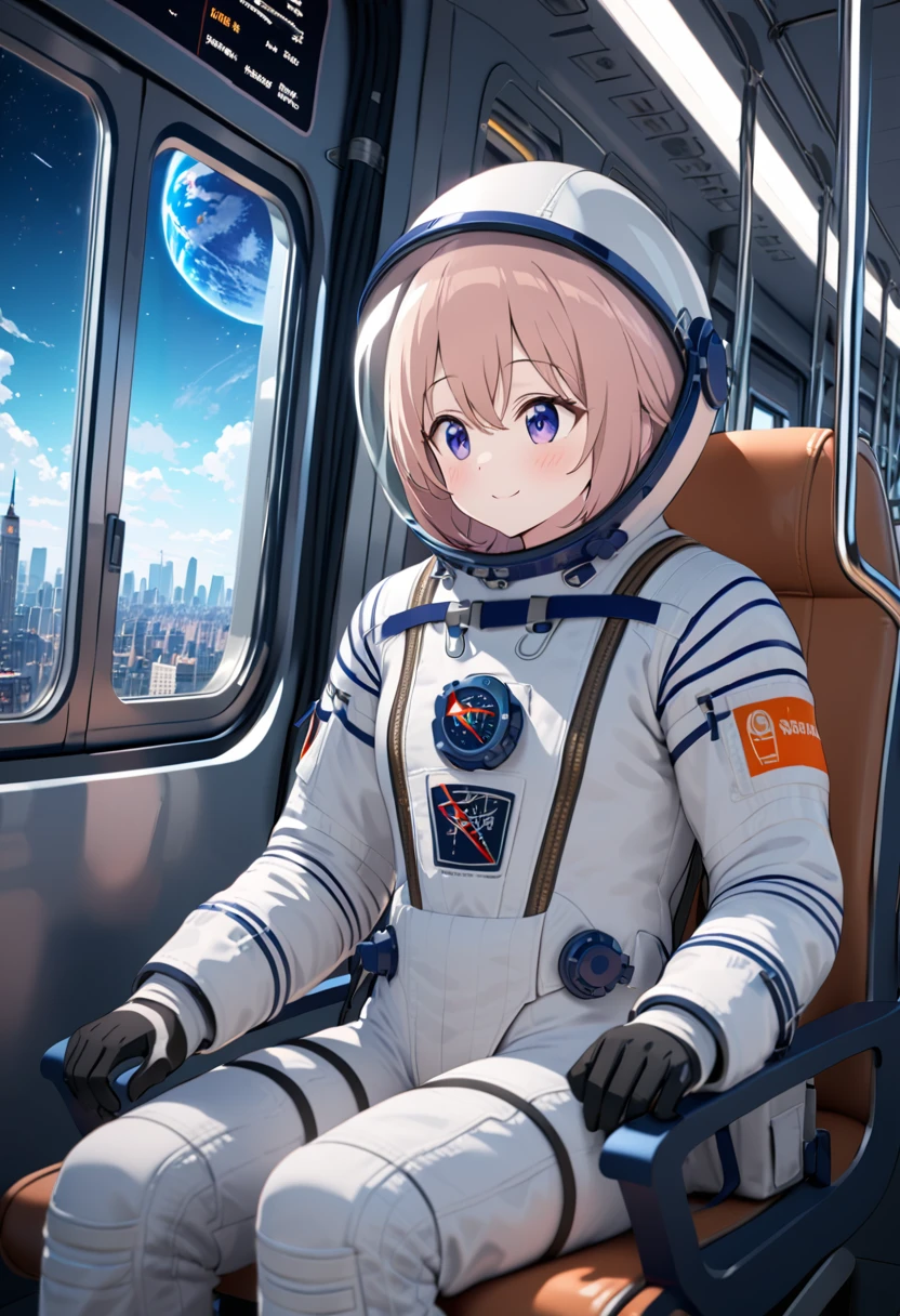 space helmet, (cinematic scene, sitting on a chair, train interior, , city view, night view: 1.5), space helmet, eva helmet, space suit, astronaut), smile bubble helmet, very detailed, speed helmet, bubble helmet, ,upper body, astronaut),eva helm, spacesuit , astronaut),girl, wearing a (spacesuit:1.15), white cargo pants, 