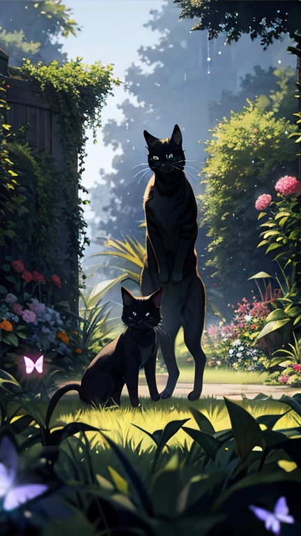 Feline silhouette in a mystical garden, iridescent butterflies, shimmering dew drops