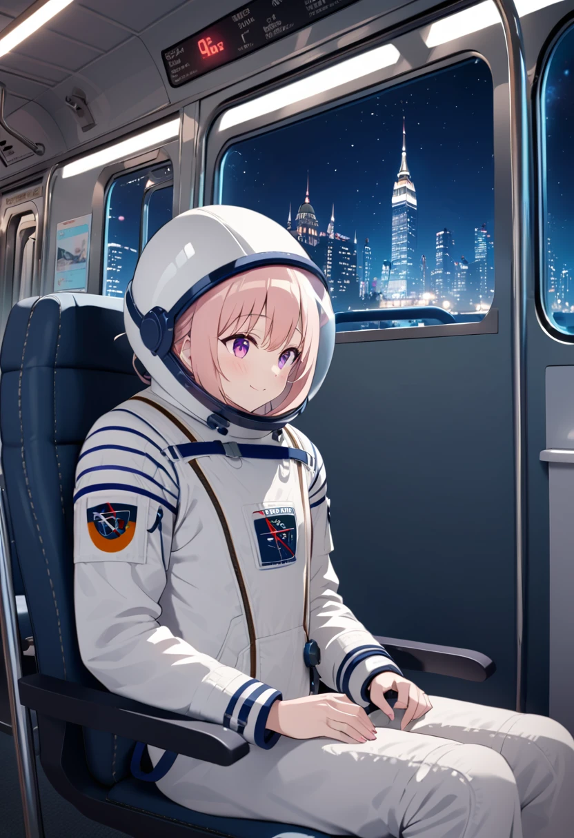 space helmet, (cinematic scene, sitting on a chair, train interior, , city view, night view: 1.5), space helmet, eva helmet, space suit, astronaut), smile bubble helmet, very detailed, speed helmet, bubble helmet, ,upper body, astronaut),eva helm, spacesuit , astronaut),girl, wearing a (spacesuit:1.15), white cargo pants, 