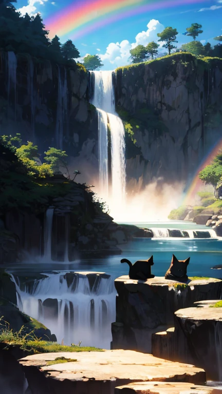 Black cat silhouette on a rainbow bridge, shimmering waterfalls, floating islands