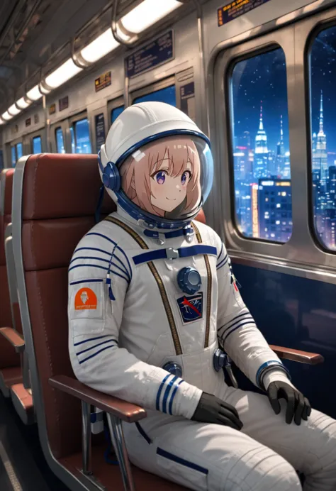 space helmet, (cinematic scene, sitting on a chair, train interior, , city view, night view: 1.5), space helmet, eva helmet, spa...