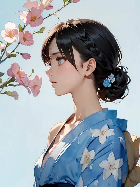 {(beautiful photo graphic style),(watercolor image:1.2),sketch},{(simple configuration:1.1),profile},{(simple light_blue background:1.4),floral},BREAK,{yukata,(open clothes:1.2)},(Show shoulders:1.4),BREAK,{erotic face,anguish,(painful:1.1),(very very ecstasy:1.2),(writhing:1.4),embarrassing},{1 woman, black hair,braid hair intricately,black glowing eyes}