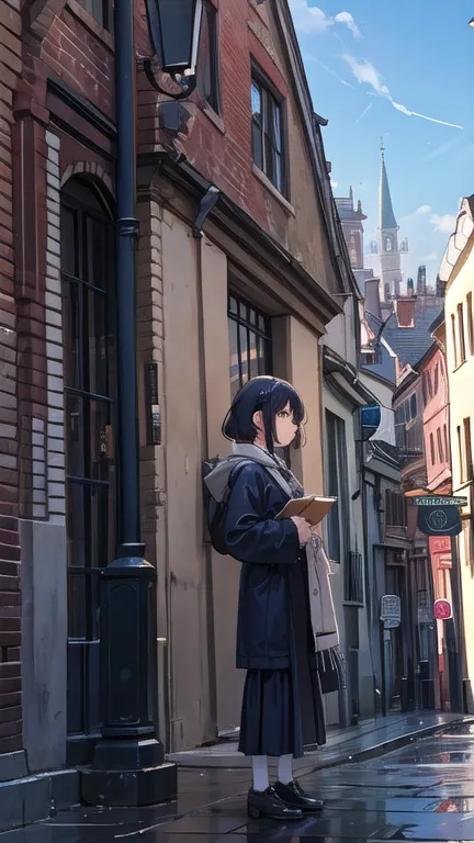 one girl,low angle shot,(from below:1.3),standing,outdoors, fashionable street