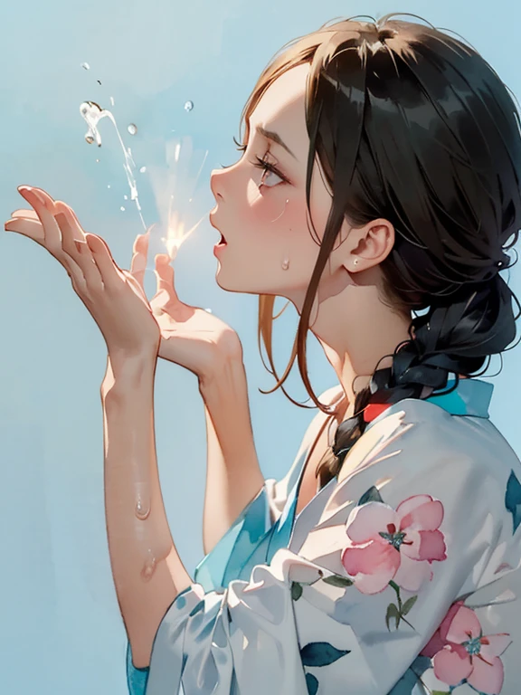 {(beautiful photo graphic style),(watercolor image:1.2),sketch},{(simple configuration:1.1),profile},{(simple light_blue background:1.4),floral,shadow on background},BREAK,{yukata,(open clothes:1.2)},(Show shoulders:1.4),BREAK,{(sweat on the neck:1.2),erotic face,anguish,(painful:1.1),(very very ecstasy:1.2),(writhing:1.4),embarrassing},{1 woman, black hair,braid hair intricately,black glowing eyes}