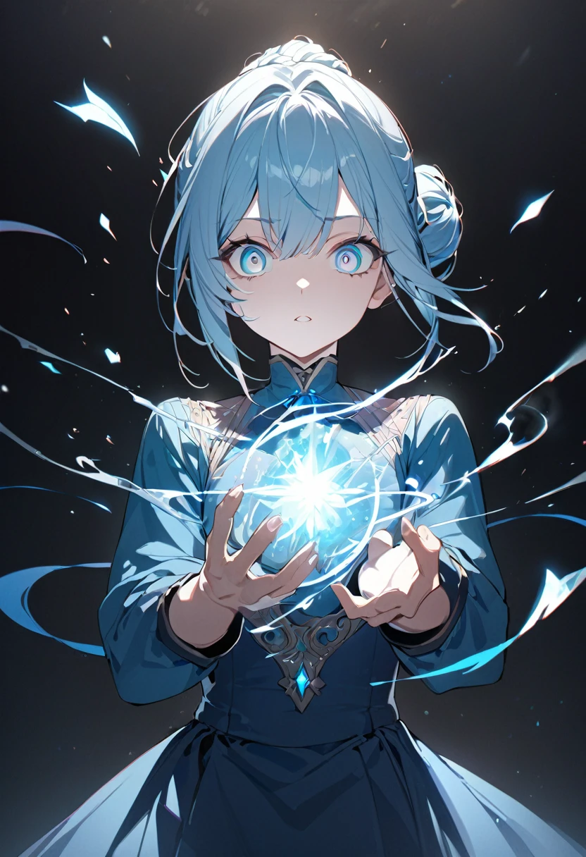 One girl, masterpiece, best quality, beautiful girl, big eyes, aquamarine eyes, light blue hair, chignon, long sleeves, blue dress, magic, black background, anime