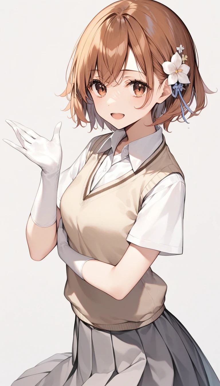 score_9, score_8_up, score_7_up,score_6_up, score_5_up, score_4_up , 1girl, solo, mikoto misaka, short hair, brown hair, hair ornament, hair flower, brown eyes,, skirt, shirt, , white shirt, short sleeves, pleated skirt, grey skirt, sweater vest, tokiwadai , tokiwadai_school_uniform, solo, white_gloves, brown_sweater_vest, elbow_gloves,  white_shirt,hair_between_eyes, short_sleeves,  +_+, collared_shirt, star_\(symbol\), happy, cowboy shot, simple background