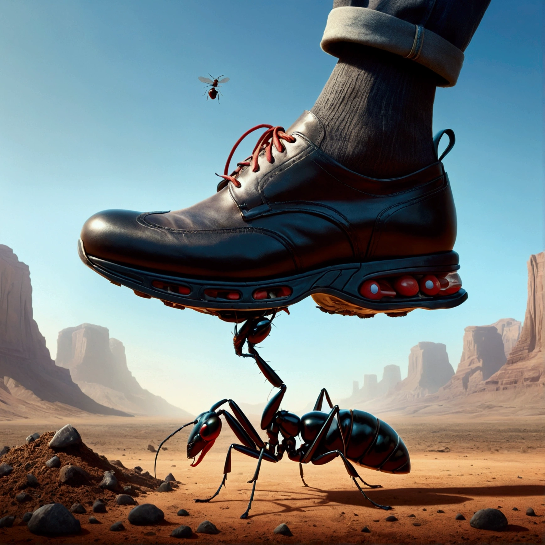 A human shoe being lifted by an ant,