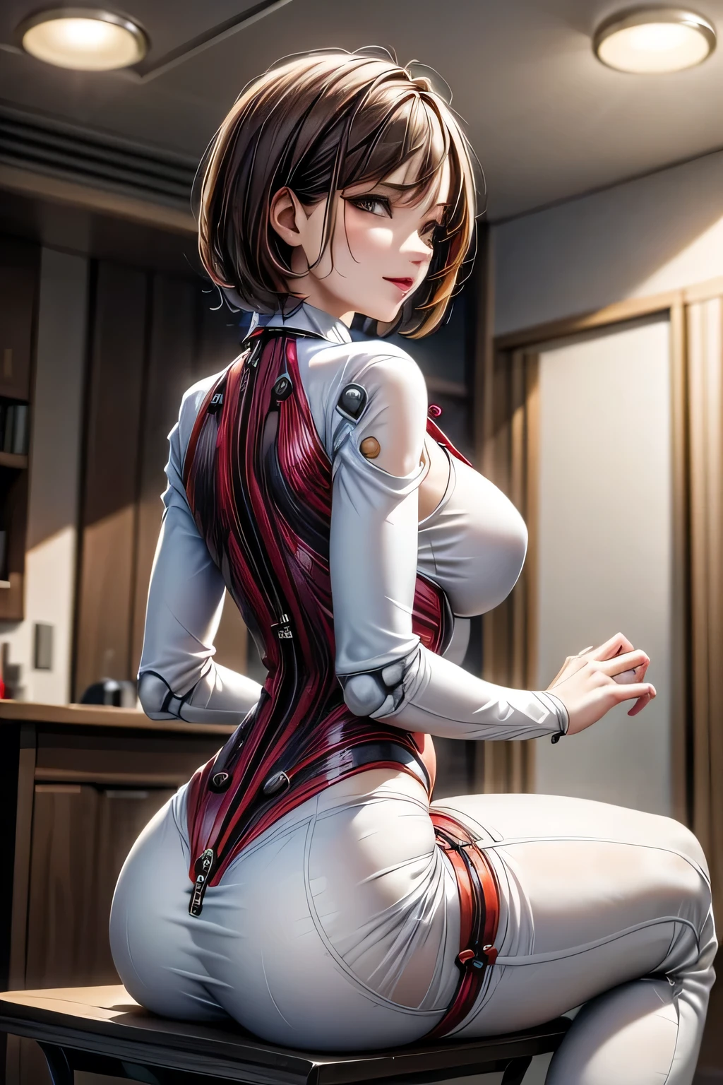 (((masterpiece))), (((Highest quality))), ((Very detailedな)), (Detailed CG illustrations), ((Very delicate and beautiful)),Cinematic Light,((One mechanical woman)), alone,mature,Big and ample breasts,Plump, whole body, (Machine made joints:1.4),((Mechanically cut muscle blood vessels connected to tubes),(Brain in a container:1.3),((Mechanical spine attached to the back)),((Mechanical cervical spine attached to the neck)),,(((The crotch is open))),((Sitting)),(Wires and cables connected to the head and torso:1.5), short hair, (Character Focus), sf, ((Very detailed,colorful)), Best details, ((background: basement))