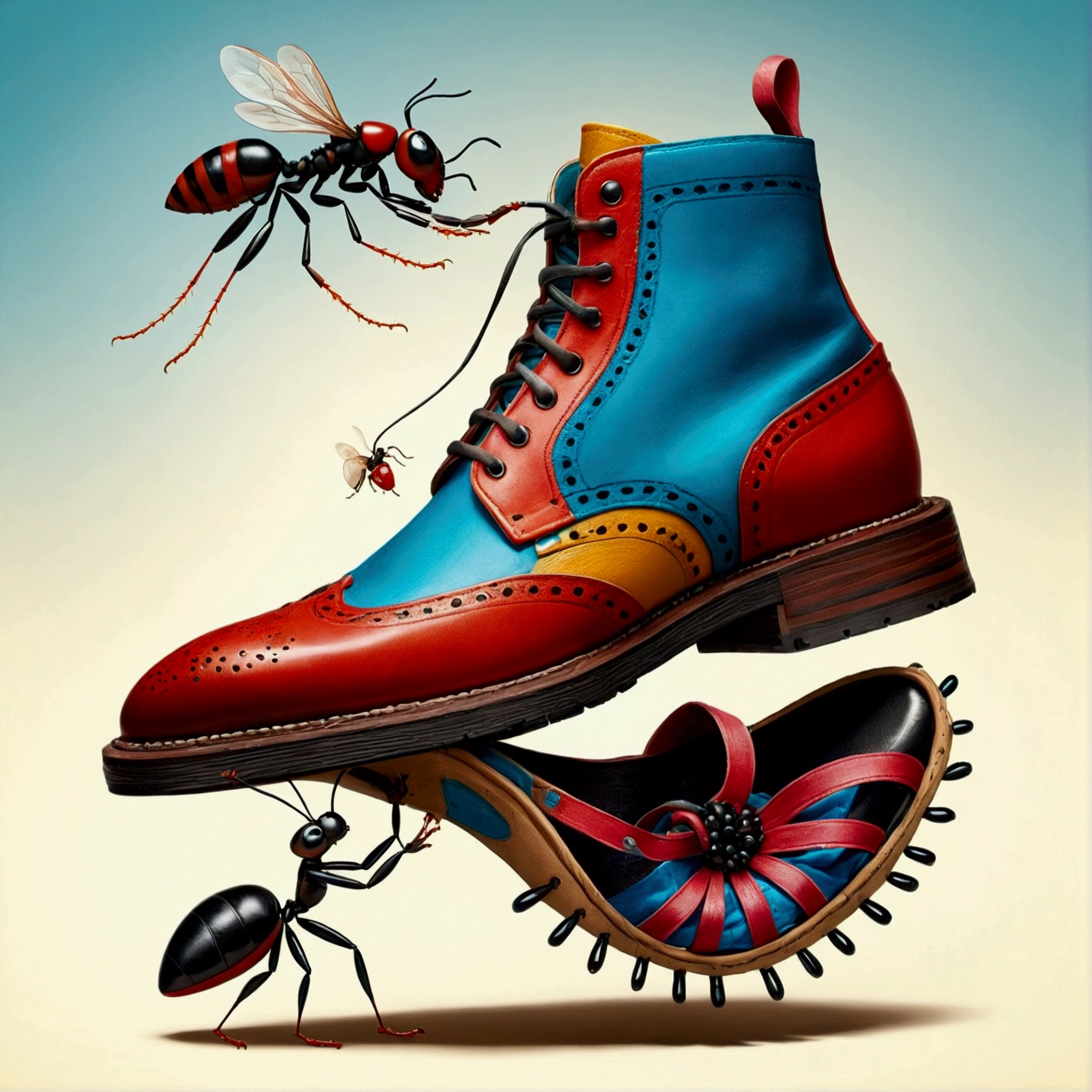 Anthropomorphic ants lifting human shoes