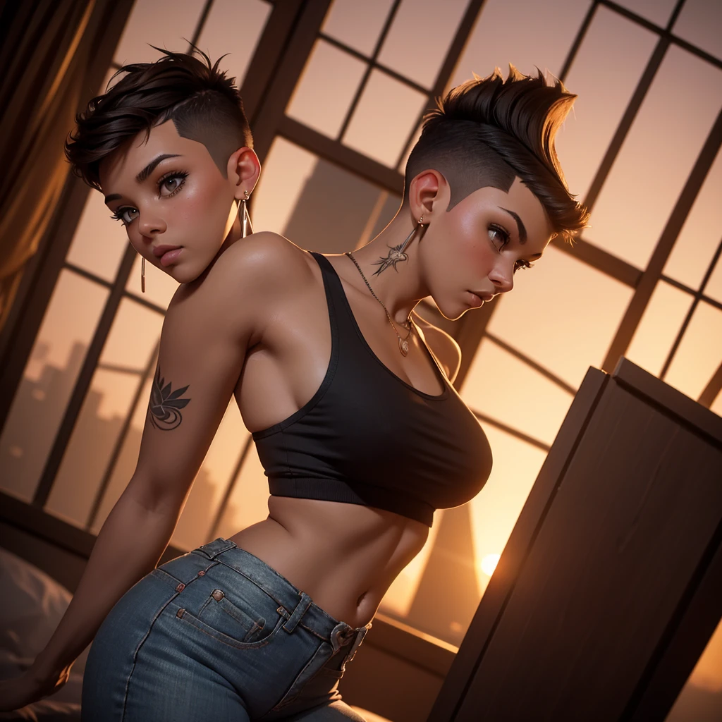 A young woman, cute, blushing, short brown hair ((hi-top fade:1.3) ), wearing ripped skinny jeans and a tiny tank top, multiple earrings, she is walking, 3D tattoos, athletic body with thick thighs, medium breasts, looking at viewer, hourglass shape, desaturated blurred bokeh background, dark theme, warm tones, soft colors, high contrast, soft lighting, artistic photo ((low angle) ), sunset in the background. Boudoir photoshoot.