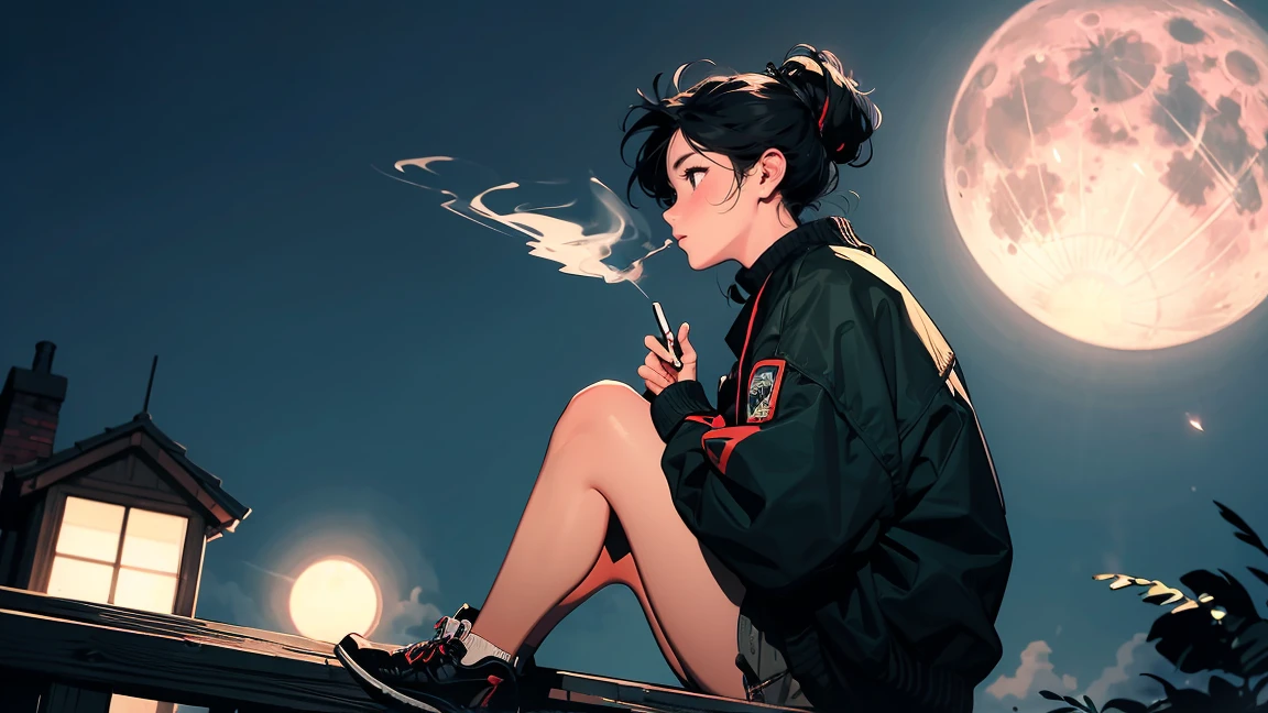 24 year old young woman sitting on top of her house smoking cigarette, on a full moon night, photo taken with an ultra wide lens. high detailed, 4K