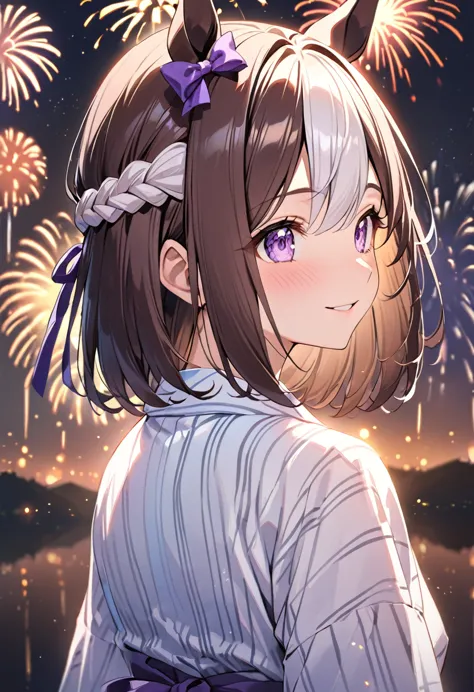 masterpiece、highest quality、depicted in detail、beautiful、special week\(umamusume\)、white yukata、fireworks in the distance、beauti...