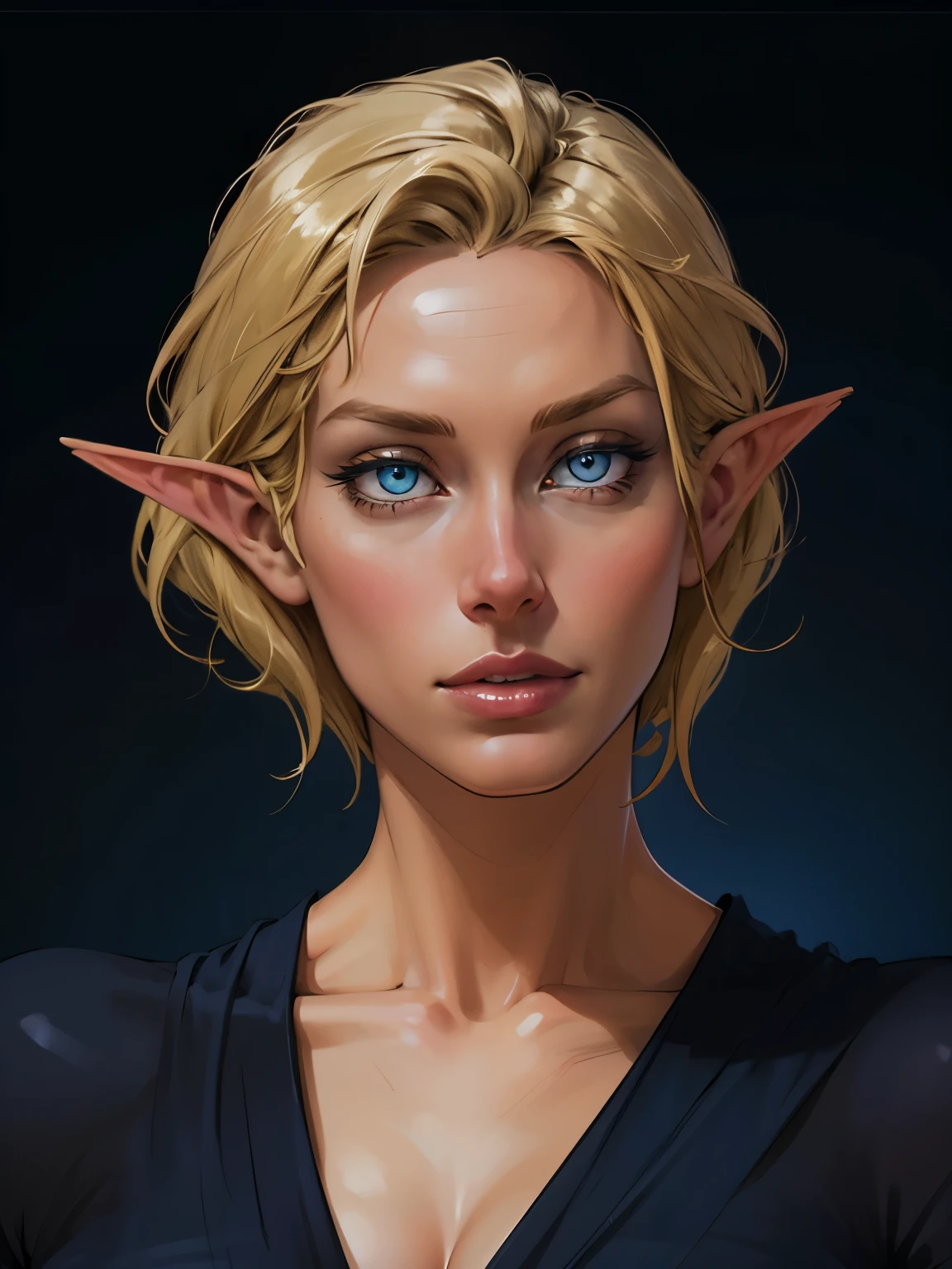  beautiful blond elven woman in her 30s, with blue eyes and striking features, exuding maturity and allure in a seductive pose.(dark-blue background), pointy ears, glowing eyes, beauty, blond long hair,blond short hair ,blond medium hair ,an14