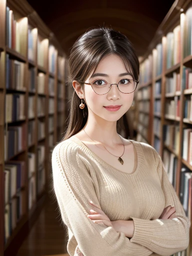   (8k, RAW photo, best quality, masterpiece), (photo realistic), outstanding details, ultra-high resolution, anatomically correct, textured skin, ((Extremely precise and accurate anatomy)),

A cute 28-year-old Japanese woman, librarian arranging books in the library, 

(fearless smile),  
(Downturned Eyes:1.2), (kind eyes:1.2) , kind Gaze, 
(low and small chignon:1.4), (Rimless round glasses), 

looking at viewer, 
pupils sparkling,  thin lips, Mouth slightly open, 
dark brown hair, Forehead, 
off-white simple summer sweater, simple cotton Light brown flared skirt, 
Earrings, Necklace, 

Full Shot, whole body, (height: 148cm), High heels Has two legs,Has two arms、Has two legs, You need two arms, 

(background Spacious library interior, bookshelves), 
(backlighting), 
reflection light from below, 
atmospheric perspective, depth of field, 
(dramatic lighting), cinematic lighting, 