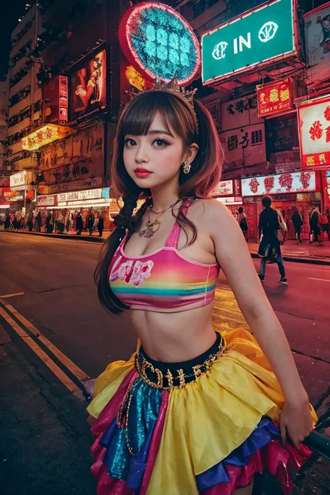 hong kong, day, (extreme low angle,) (awkward,blush :1.3), alafi girls take photos in colorful clothes, y 2 k cutecore crowncore...