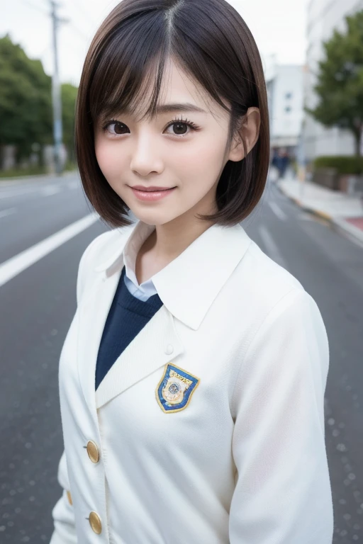 Cute 15 year old Japanese、on the road、Highly detailed face、Pay attention to the details、double eyelid、Beautiful thin nose、Sharp focus:1.2、Beautiful woman:1.4、(short hair)、Pure white skin、Highest quality、masterpiece、Ultra-high resolution、(Realistic:1.4)、Highly detailed and professional lighting、nice smile、Japanese school girl uniform