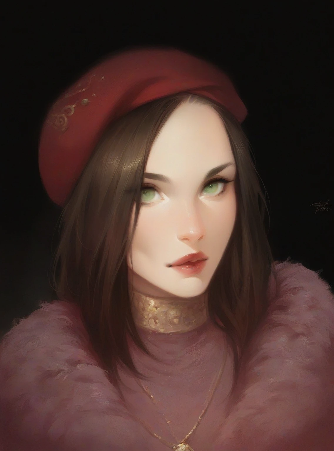 a woman with a chestnut square, in a burgundy beret, with burgundy lipstick on her lips, green eyes, pin-up, stylized in the fashion of the 50s, in an elegant gold necklace, in a high-necked sweater,