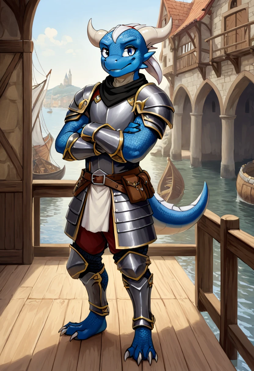 anthropomorphic kobold, male, he has well-detailed blue scales, he has curved horns with black divisions, he has long furry ears, he has beautiful well-detailed blueish-gray eyes, he is wearing a medieval armor, he is wearing a white head bandana, he is standing on wooden deck, in the background there is a port , oil painting style, full body view from the front and looking at the viewer with a silly face .